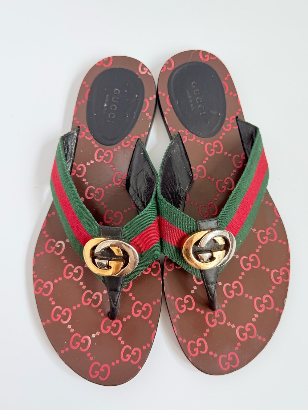 Gucci Kika Web Thong Sandals Interlocking GG Logo Brown Monogram Flip Flop EU 40